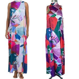 NEW Nicole Miller Satin Sleeveless Maxi Dress Medium Multi Abstract  Mock Neck